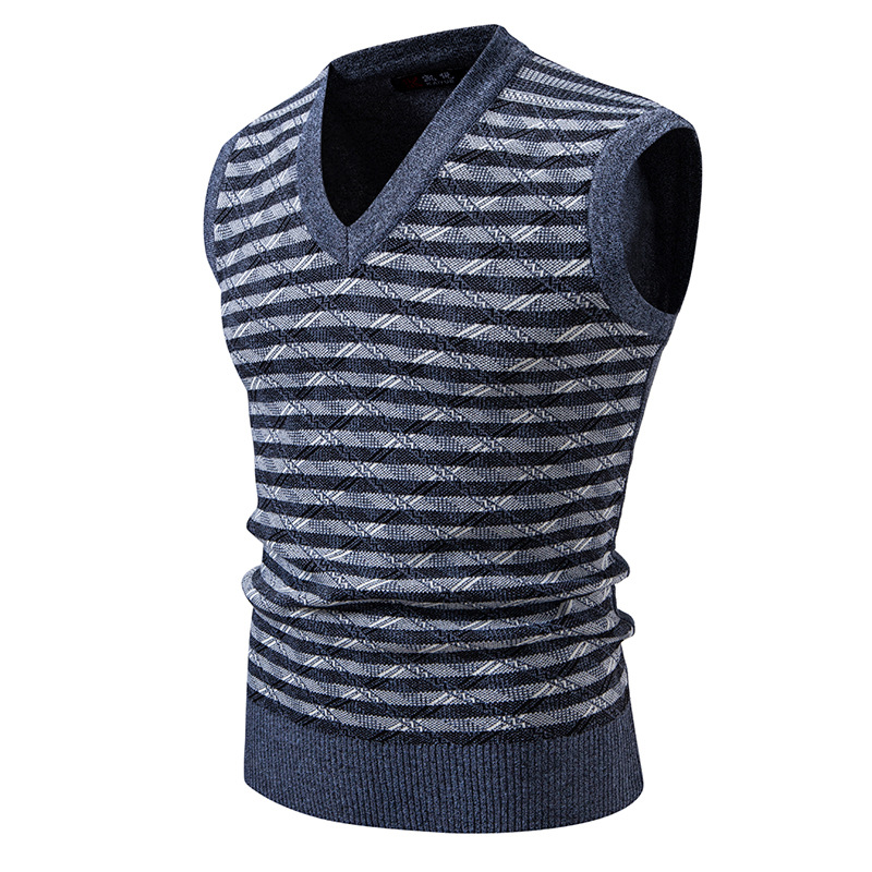 Vêtements pour hommes - Gilet en maille pour hommes - Pull d'hiver/automne ajusté à col en V sans manches - Cardigan décontracté à rayures jacquard pour jeunes_voghion.com