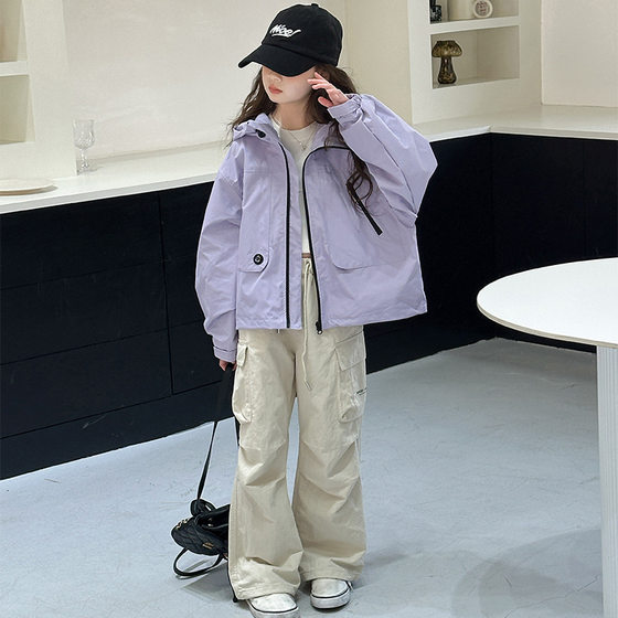 Girls' Short Jacket Coat 2025 Spring and Autumn New Style Big Children's Fashionable Western Style Hooded All-match Zipper Coat Coat