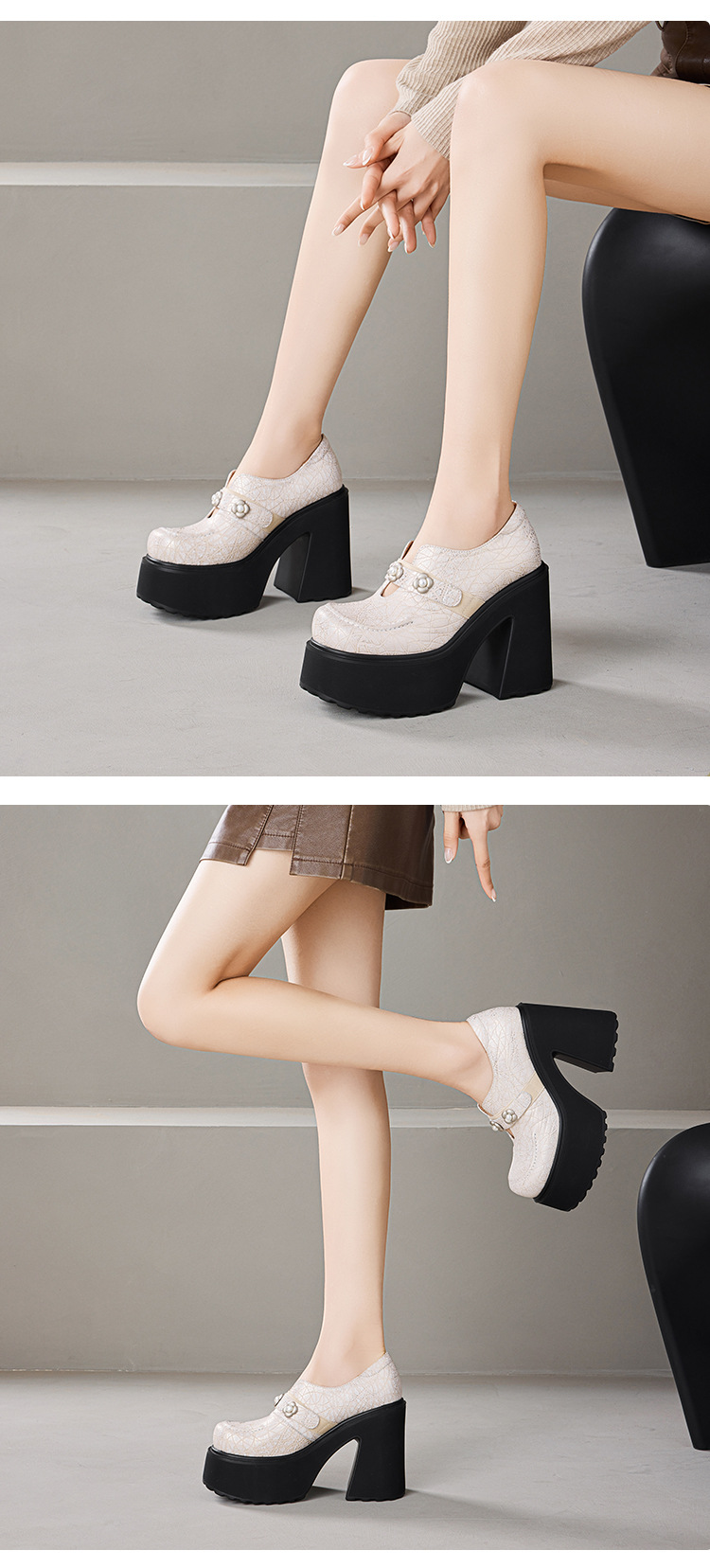 Giày loafer nữ đế xuồng da thật gót vuông 12 cm phong cách Anh quốc — màu đen chi tiết 3