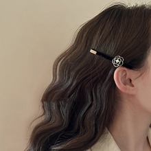 黑色丝绒山茶花发夹女法式复古一字夹小香风发卡高级感侧边夹发饰