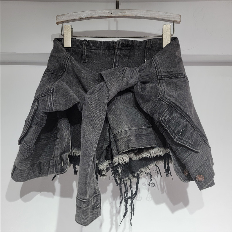 Pantalón Falda de Mezclilla con Nudo para Mujer de Poliéster Denim de Cintura Baja para Uso Diario