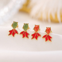 壹鹿银S925纯银镀金和田玉碧玉水红南红玛瑙珐琅小金鱼红色银耳钉