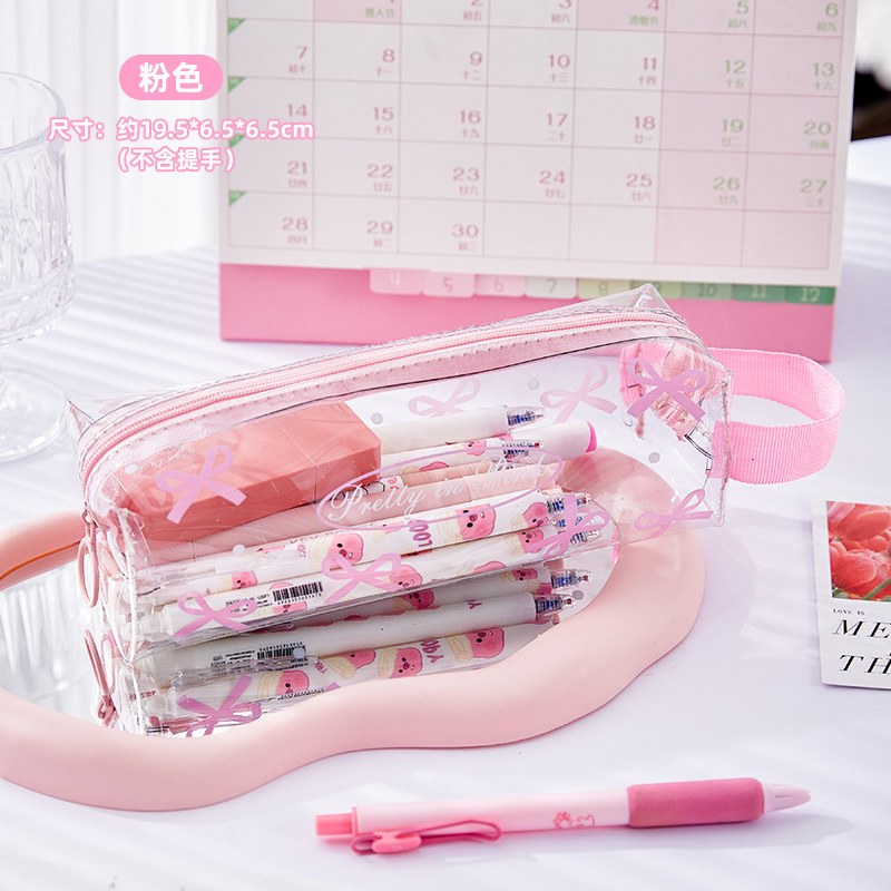 Bolsa de lápices transparente con lazo de alto valor, estilo ins, bolsa de papelería para estudiantes de gran capacidad, nueva caja de lápices impermeable portátil
