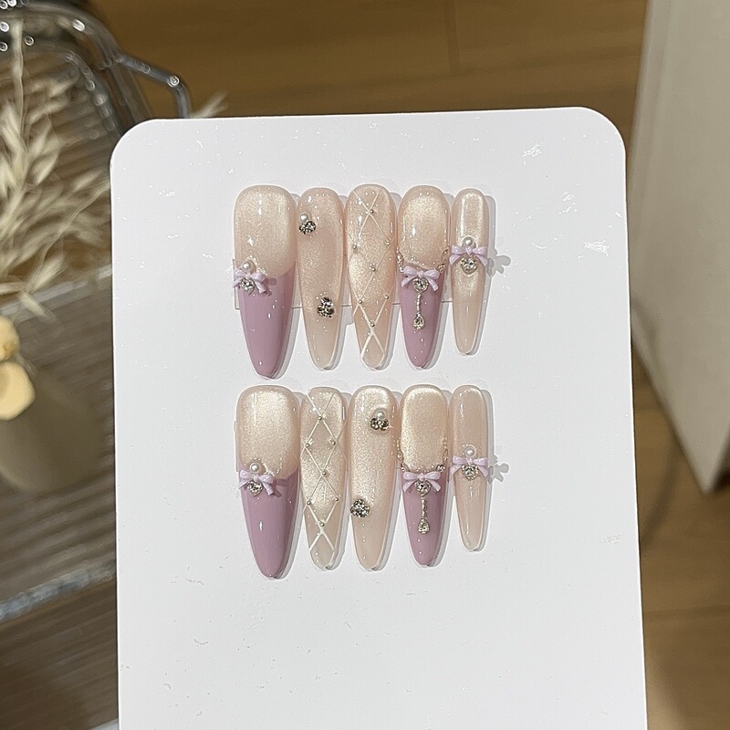 A Gu [Purple Mousse] Miu Style Ballet Style Purple French Plaid Steel Ball Cat Eye Bow Wearable Nail