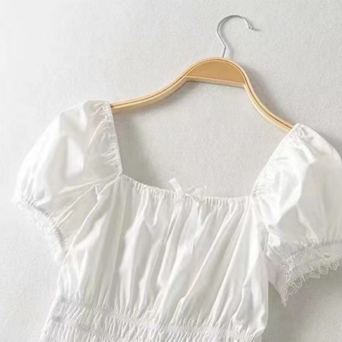 2025 Summer Women's Korean-style Sweet Short Waist-Slimming Niche-Design Bubble Sleeve Off-Shoulder Shirt