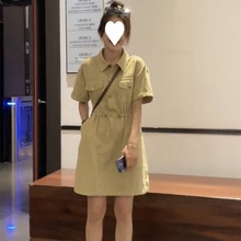 短袖抽绳收腰工装休闲连衣裙女2024夏季新款时尚小个子显瘦a字裙