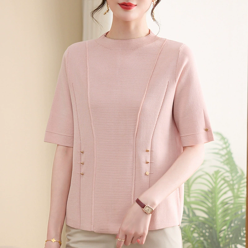 2025 весна и осень мама мода минус возраст трикотажная рубашка весна и осень новая средняя и пожилая женщина осенний темперамент топ с круглым вырезом