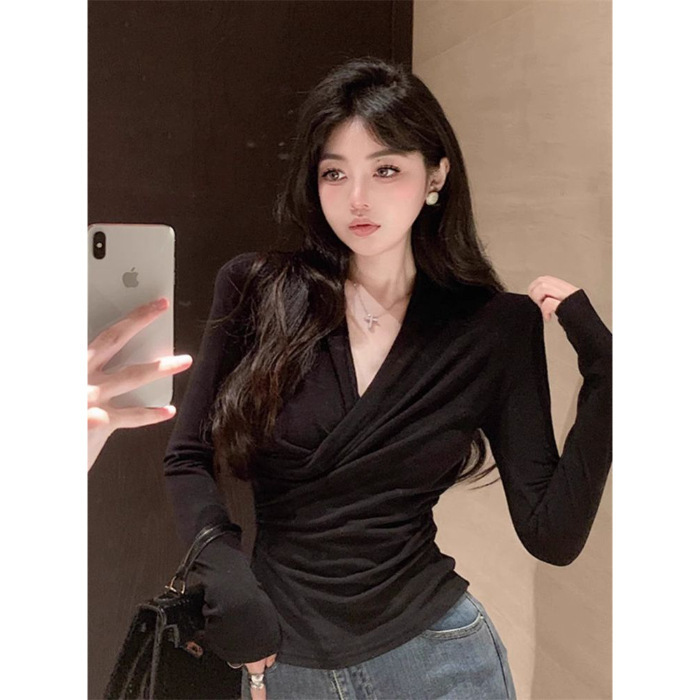 黑色打底衫女秋季高级感内搭修身长袖t恤法式掐腰v领交叉气质上衣|undefined