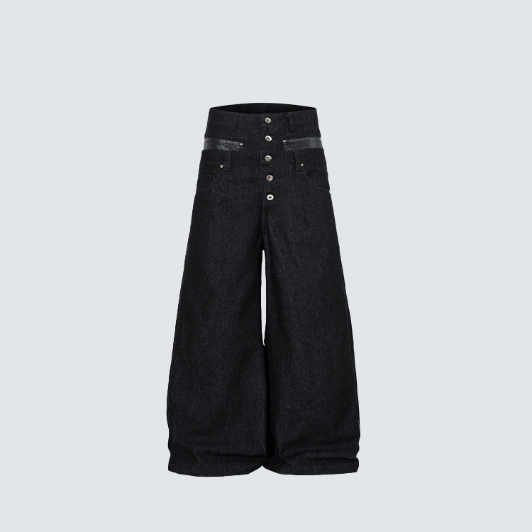 GY American-style crocodile leather patchwork double-waisted jeans with multiple buttons, loose wide-leg pants, vintage punk studded trousers