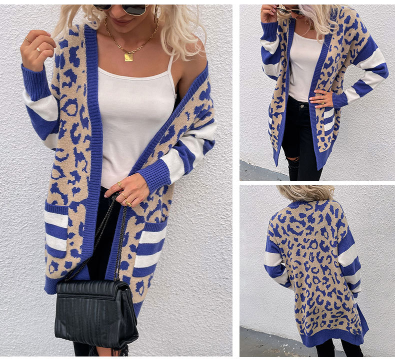 mid-length color-blocking leopard print sweater cardigan nihaostyles wholesale clothing NSMMY82948