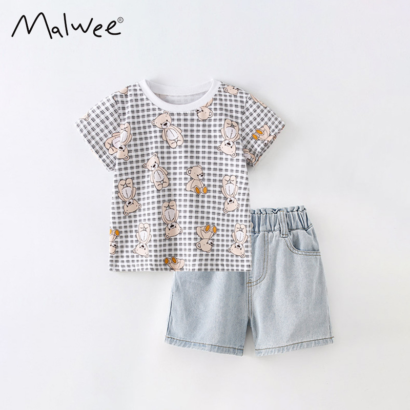 Malwee set de niñas de verano nuevo estilo europeo y americano para niños de cuello redondo camiseta de cintura elástica jeans dos piezas set