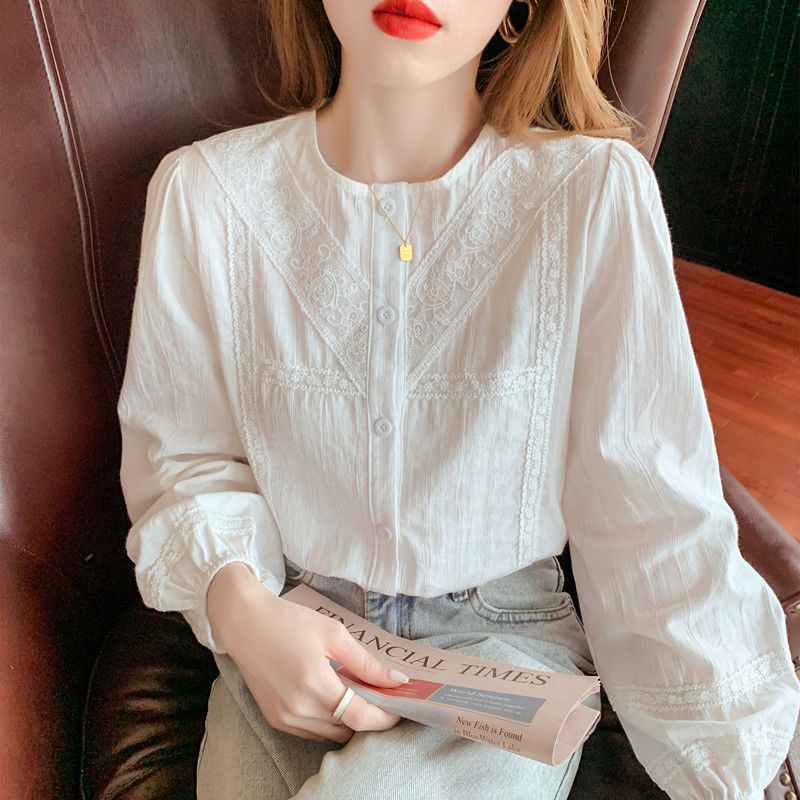 French-Style 2026 Spring and Autumn New Long-Sleeve Round-Neck Shirt for Women with Unique Design, Lace Jacquard Blouse with Floral Trim French-Style 2026 Spring and Autumn New Long-Sleeve Round-Neck Shirt for Women with Unique Design, Lace Jacquard Blouse with Floral Trim