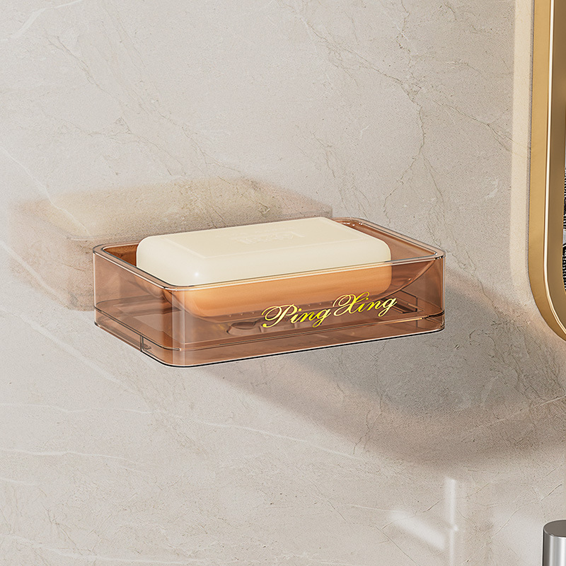 [Caja de jabón transparente gruesa] caja de jabón de doble capa PET de lujo ligero baño montado en la pared estante de jabón de drenaje sin perforaciones