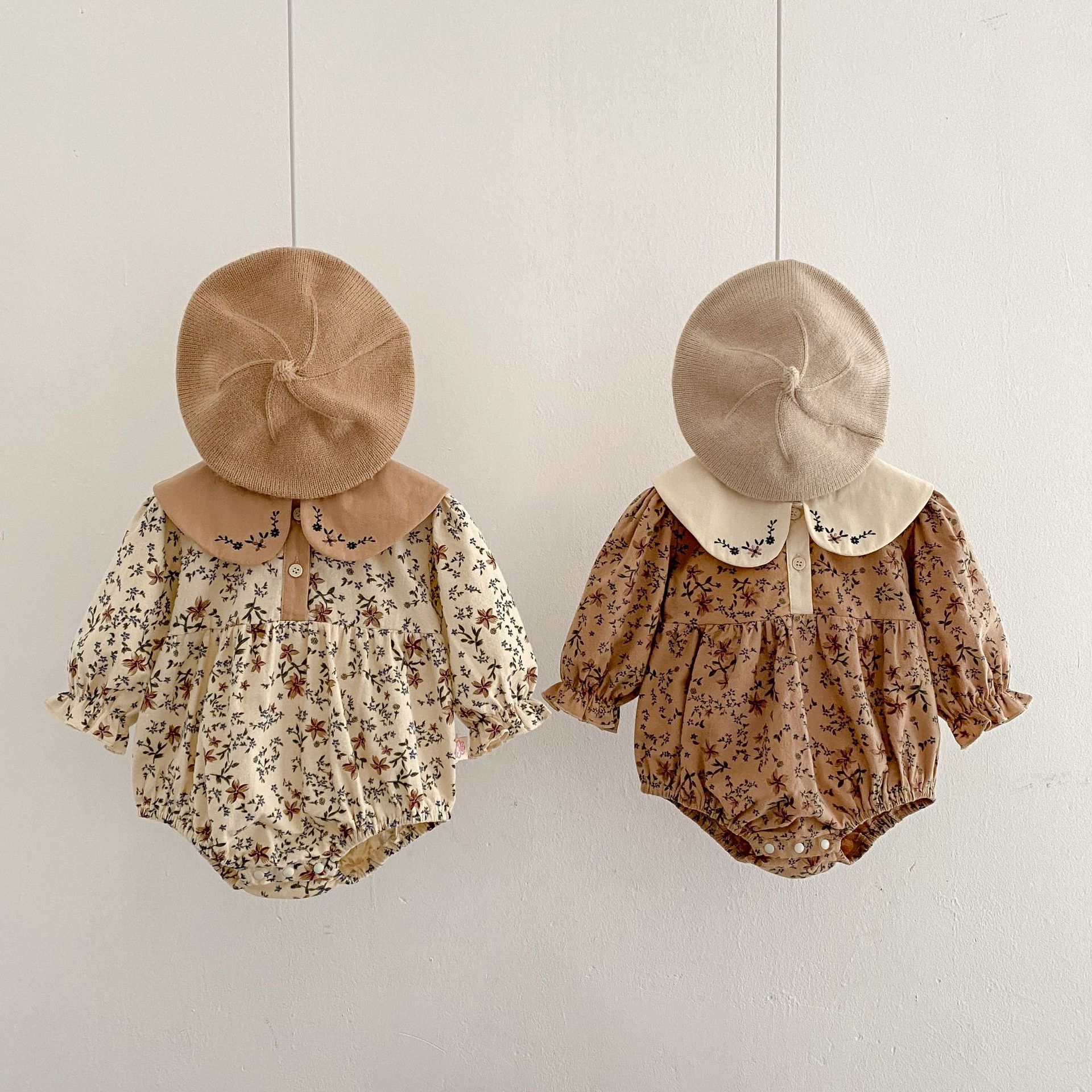 Primavera 2023 bebé niña manga larga vintage floral vaina bebé muñeca collar bordado mameluco estilo occidental Outwear