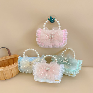 Children's Bag New Girls' Shoulder Bag Cute Princess Pearl Handbag Bow Lace Crossbody Bag Small Square Bag