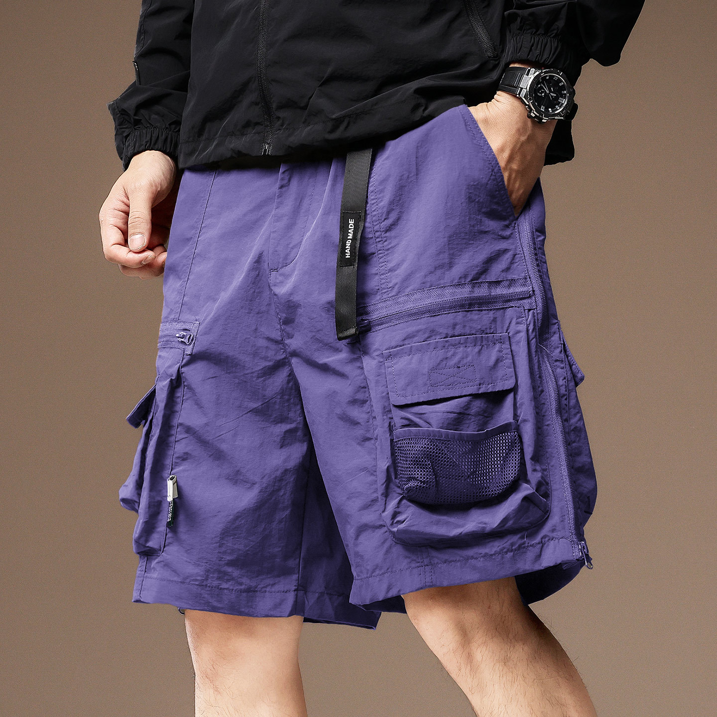 High-End American Retro Multi-Pocket Quick-Dry Cargo Shorts for Men, Summer Thin Trendy Straight-Leg Sports Mid-Length Shorts