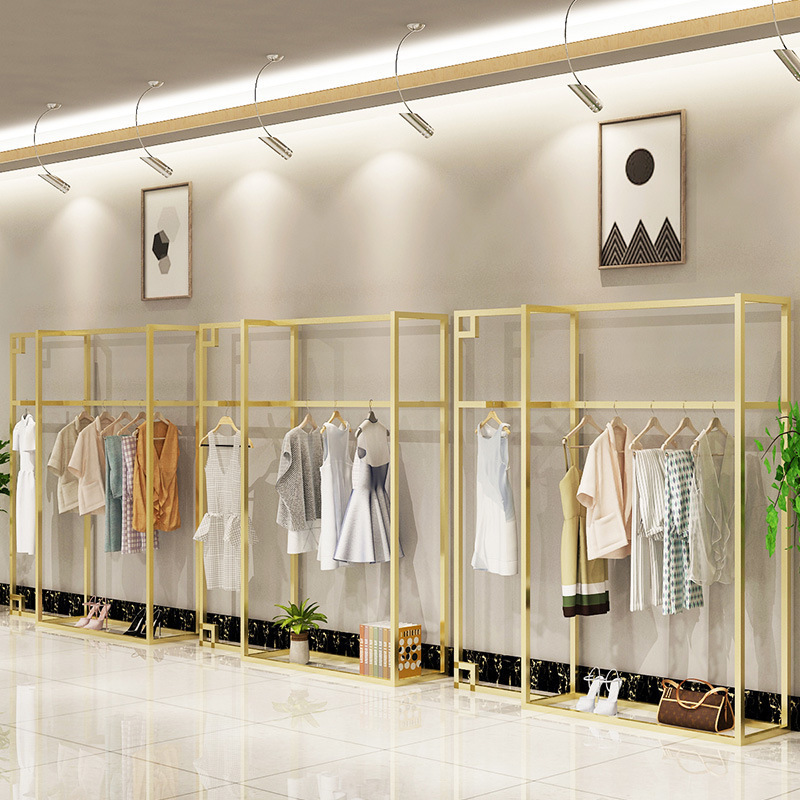 新款金色服装架服装店衣服展示架落地式侧挂男女装店装修陈列货架