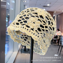 镂空手工钩花针织毛线帽子女春新款复古显脸小大头围百搭包头帽子