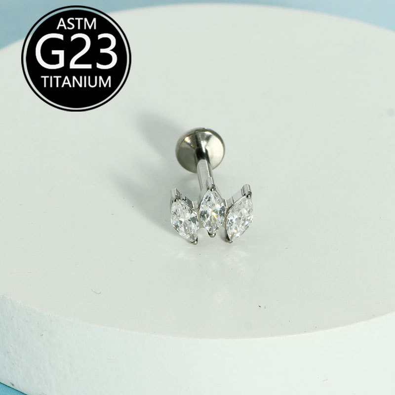 F136 Titanium Three Marquise Diamond Super Flash Zircon Earrings Lip Nails Cross Border G23 Titanium Body Piercing Jewelry detail image 8