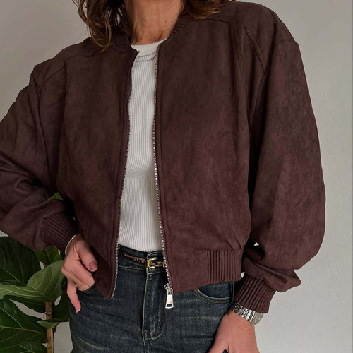 European and American New Arrival Women's Autumn/Winter Fashion All-Match Suede Fleece Solid-Color Zip-Up Jacket Women's Outerwear