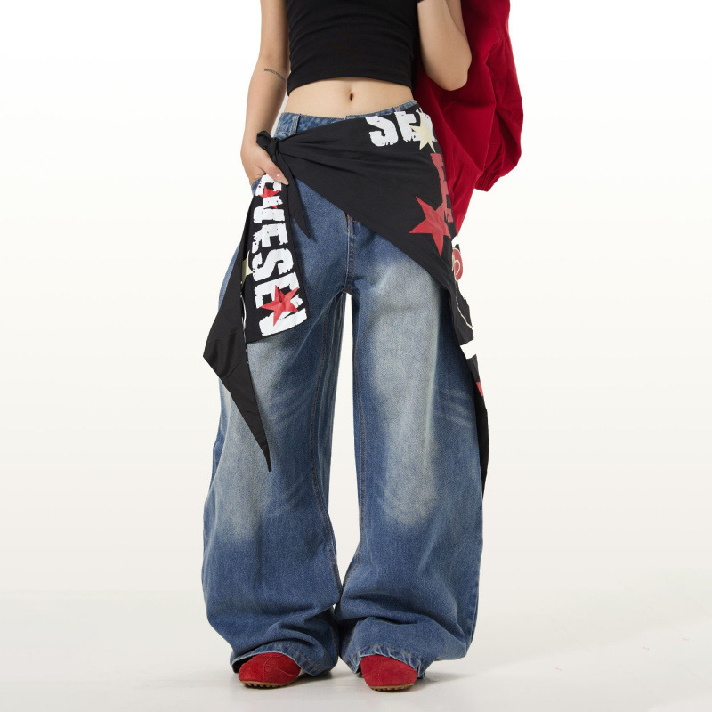 American Street Style Lace-Up Layered Denim Pants for Men 2025 New Niche Lazy Style Loose Wide-Leg Pants