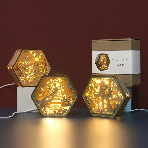 Dunhuang Wood Carving Lamp Creative Gift Retro Cultural Gift Bedside 3D Night Light Decorative Ornament Table Lamp Paper Carving Lamp