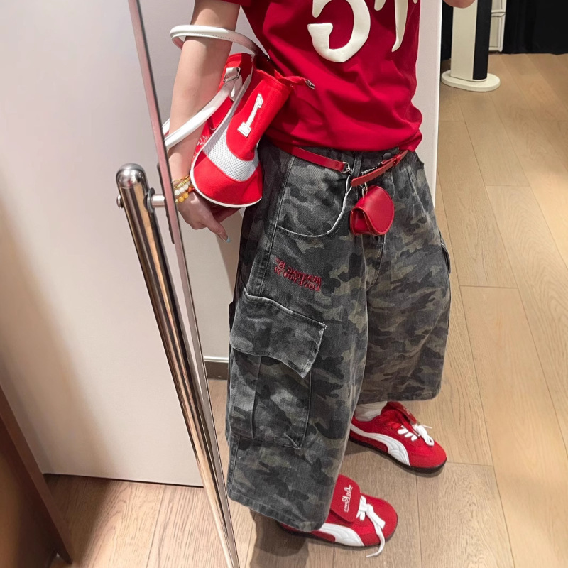 2025 Autumn Design Casual American Camouflage Cropped Pants Women's Thin Wide-Leg Loose Denim Cargo Pants Mid-Pants