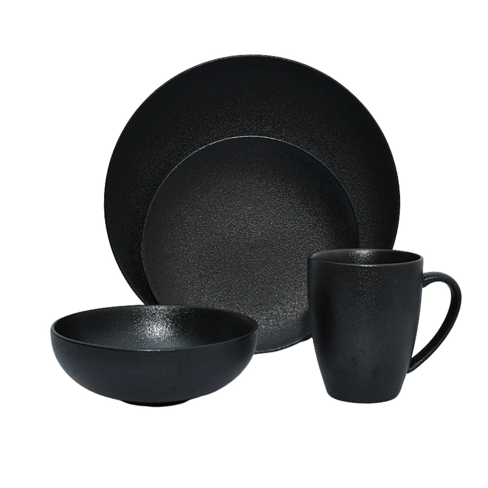 Ceramic black plates bowl dinnerware Set of 4 set de 16 piezas