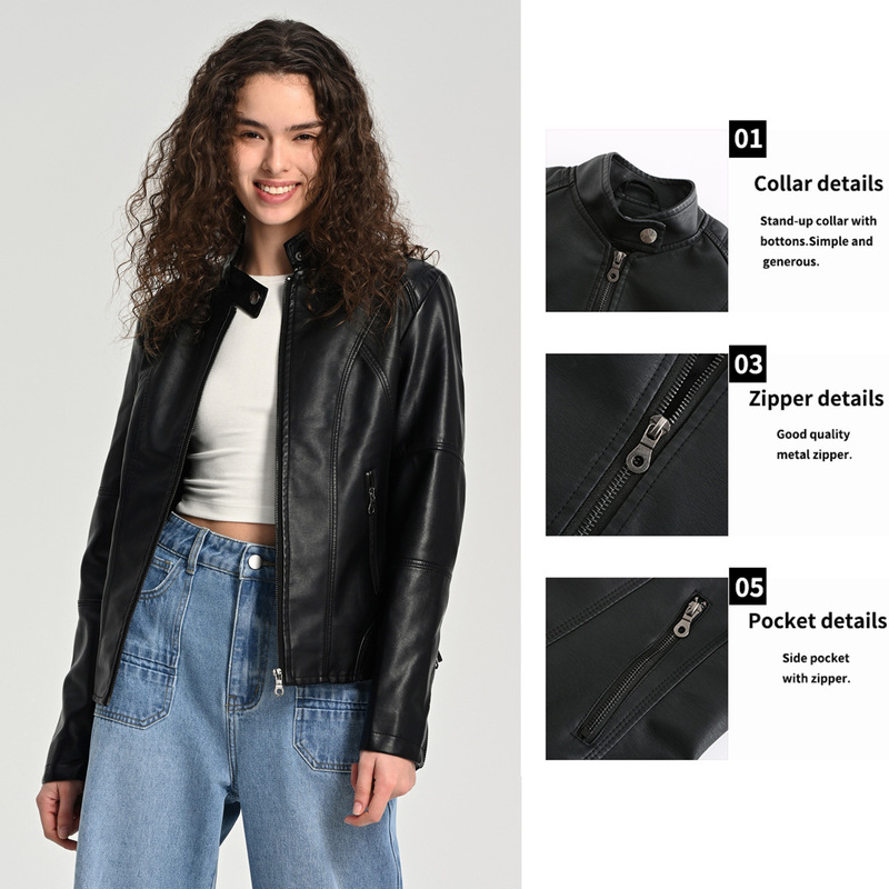 European Size Vertical Collar Leather Jacket Women's New Spring and Autumn Leather Jacket Women's Jacket Slim-fit Thin Small Jacket Women's Biker Clothing