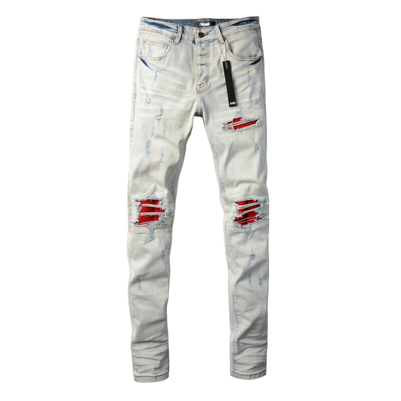 High Street European Fashion Brand New Light-Colored Washed Knee-Ripped Jeans with Red Patches, Stretchy Slim-Fit Skinny Pants High Street European Fashion Brand New Light-Colored Washed Knee-Ripped Jeans with Red Patches, Stretchy Slim-Fit Skinny Pants