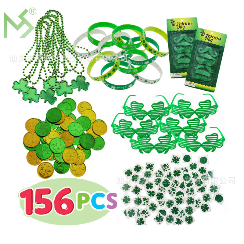 Irish Clover Glasses Bead Chain Bracelet Beard Gold Coin St. Patrick's Day Tattoo Sticker Party Set Irish Clover Glasses Bead Chain Bracelet Beard Gold Coin St. Patrick's Day Tattoo Sticker Party Set