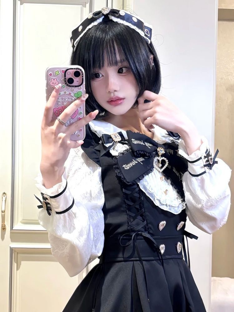 Young and Youthful College-Style Patchwork Long-Sleeve Dress with Heavy Ruffles, Short Skirt, Autumn Slimming Two-Piece Set