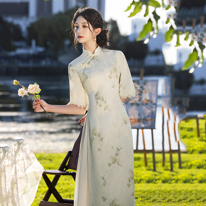 顯瘦奧黛國風年輕款新中式改良旗袍2024新款女復古短袖連衣裙春夏