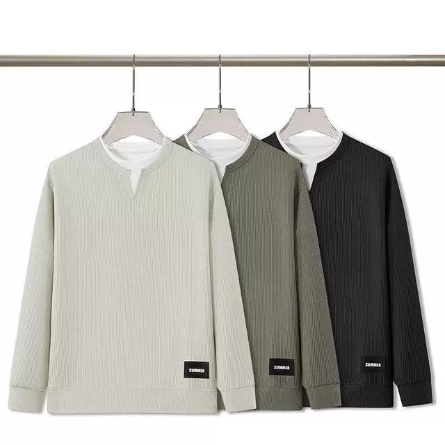 Весенняя вафельная толстовка, мужская новая повседневная одежда, модная брендовая футболка из двух частей с длинными рукавами, 688, туман, белый, черный, готовый запас