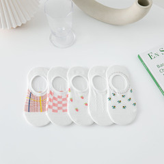 襪子女春夏薄女士隱形襪淺口純-棉白色襪子格子草莓隱形船襪碎花