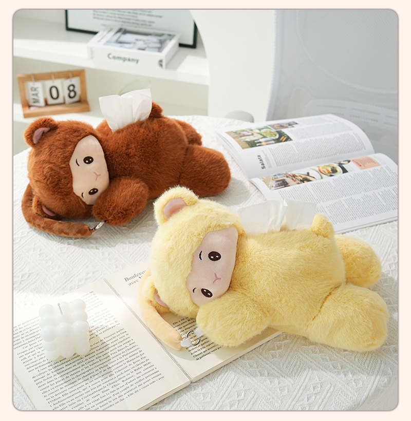 Plush cartoon monkey car tissue box, hanging tissue holder, car tissue bag, dual-purpose tissue box for home and car