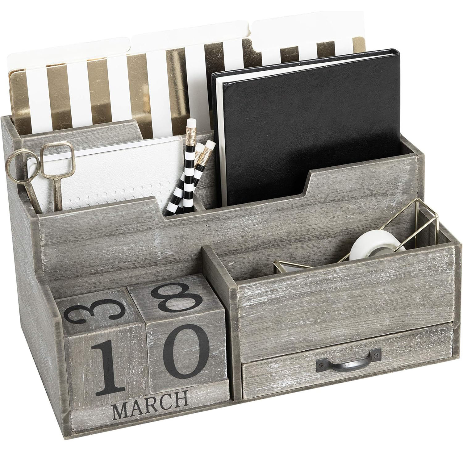 Dark Wood Rectangular Mail Organizer Block Calendar | Double-Layer Mail Sorting Drawer Compartment | Portable Desktop