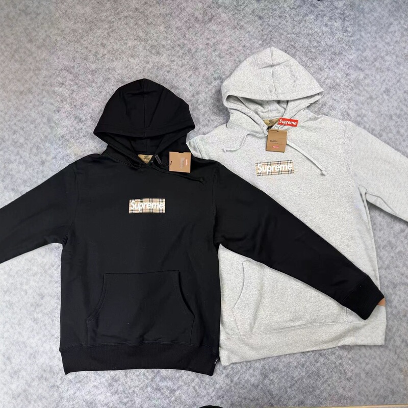 In-stock SUPREME X BURBERRY American-style hooded sweatshirt with box logo, cotton