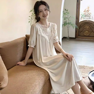 蕾丝花边短袖带胸垫睡裙女夏季新款法式宫廷风薄款家居裙可外穿