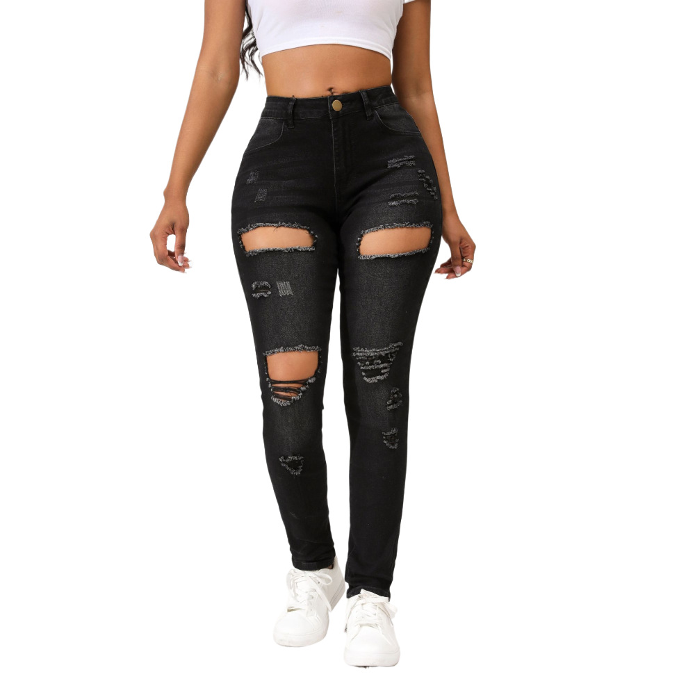 Black ripped jeans for women's elastic 2024 summer new tight elastic slim and stylish slim feet pants