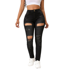 Black ripped jeans for women's elastic 2024 summer new tight elastic slim and stylish slim feet pants