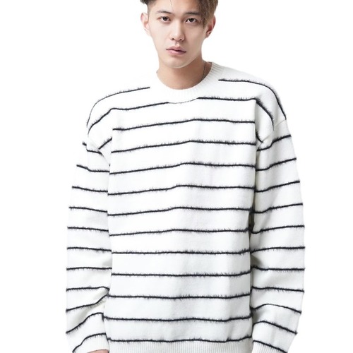 American street style relaxed fall and winter loose black and white striped men's versatile casual crew neck knit sweater
