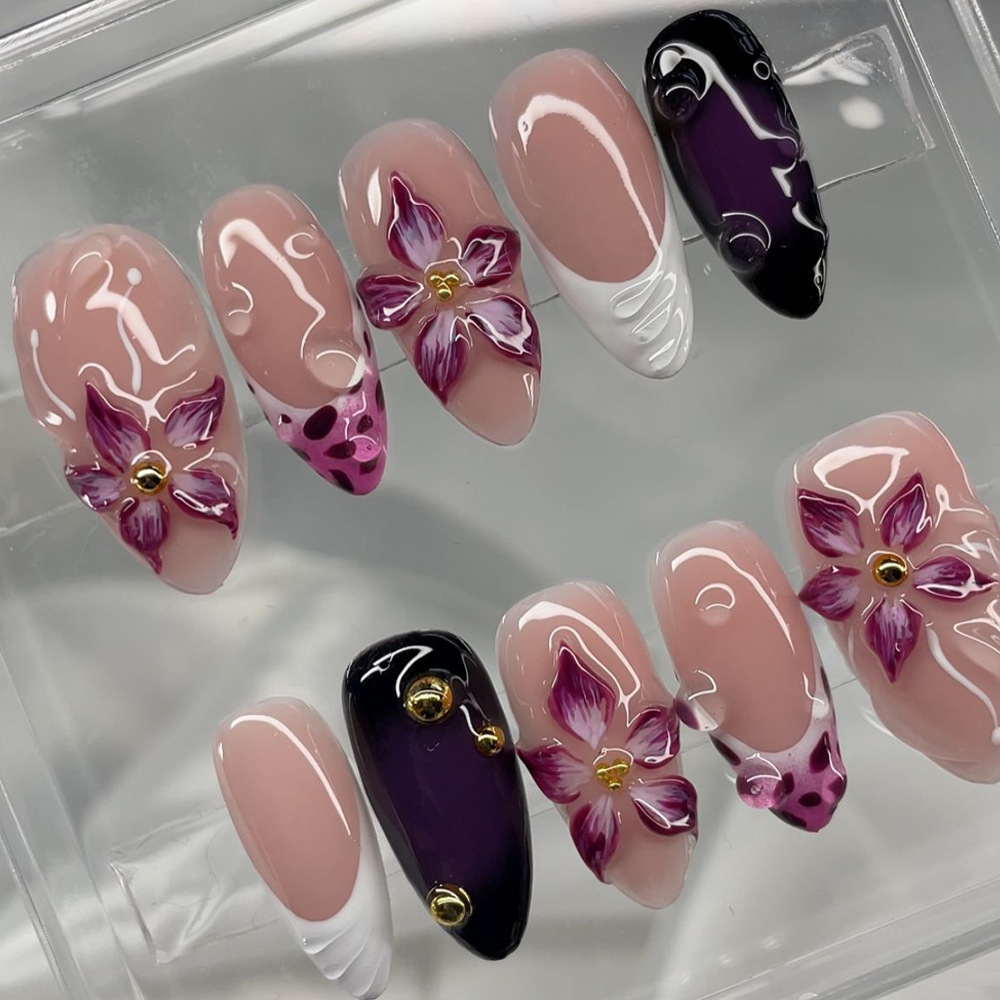Comercio extranjero largo almohadilla de uñas de almendra goteando pegamento floral 3D parche de uñas de 24 piezas de alto nivel de atmósfera de uñas