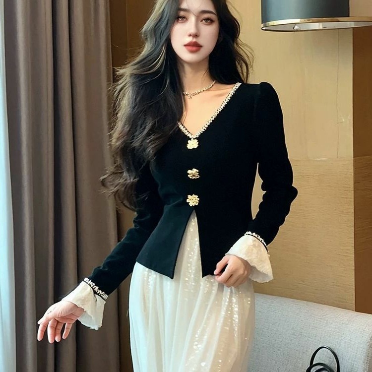 法式高级感洋气连衣裙女春秋韩版收腰显瘦假两件名媛千金风长裙子|undefined