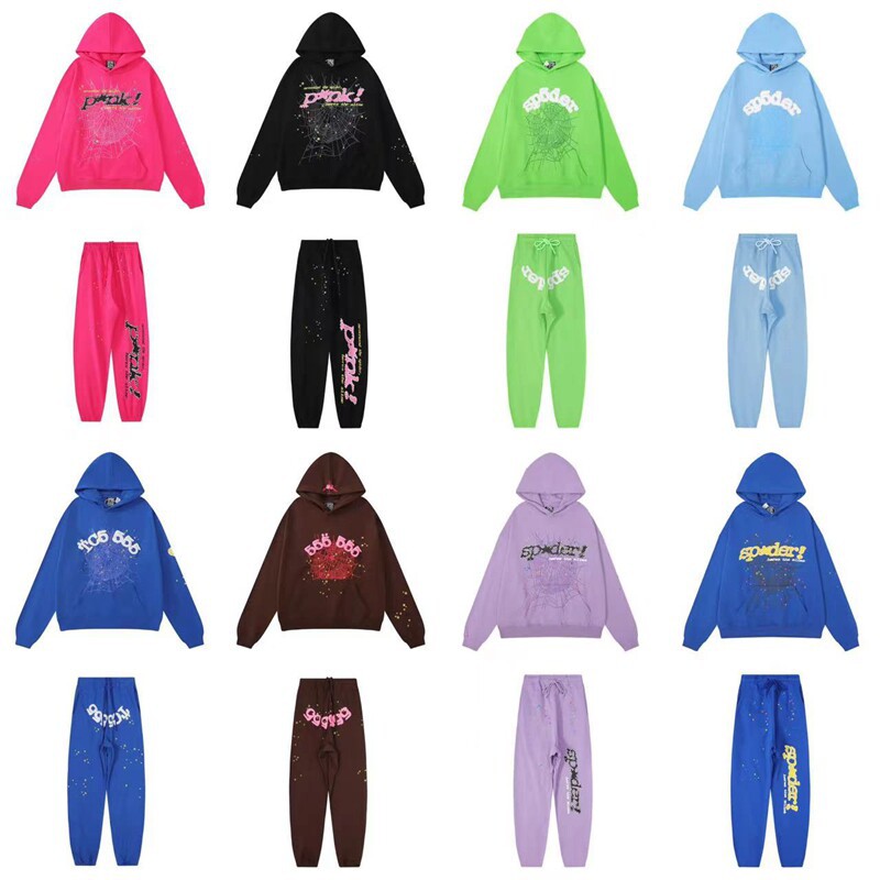 American streetwear brand Sp5der 555555 foam letter spider web hooded sweatshirt and casual sweatpants sports suit