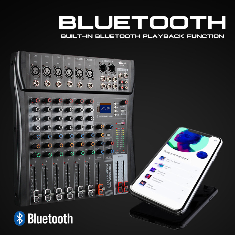 Conexión Bluetooth profesional CT60 / CT80 / CT120, mezclador de 6 / 8 / 12 canales con efecto de reverberación