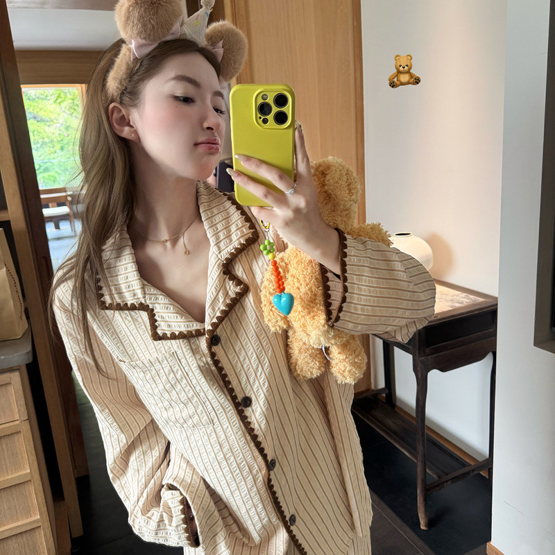 Shell-collar striped cloud cotton pajamas for women, spring and autumn casual loose long-sleeve home wear, cross-border wholesale Shell-collar striped cloud cotton pajamas for women, spring and autumn casual loose long-sleeve home wear, cross-border wholesale