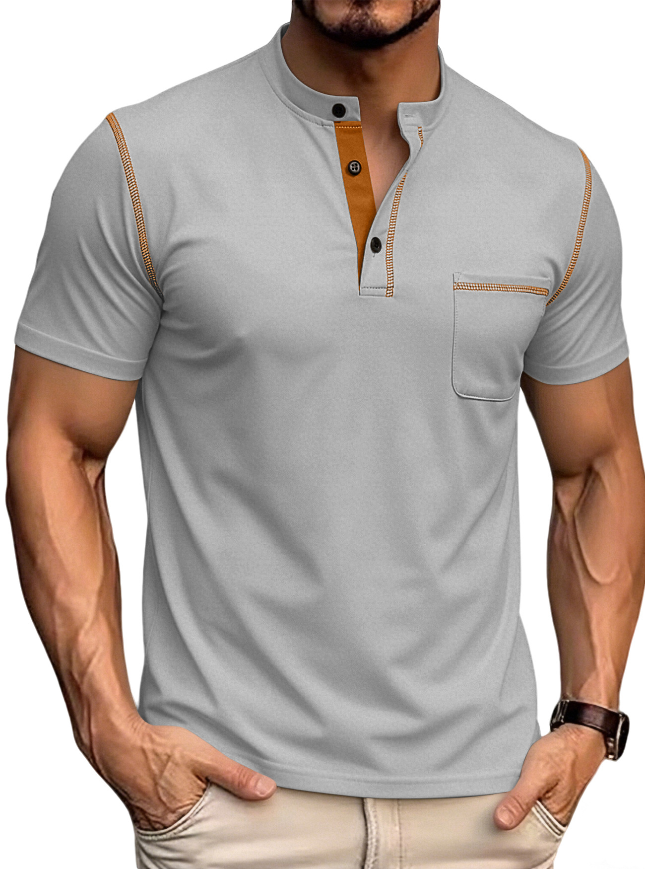 Camiseta polo de punto para hombre, de color sólido, estilo Henley, de secado rápido, ajustada, de manga corta, para verano, de Amazon, transfronteriza entre Europa y América.
