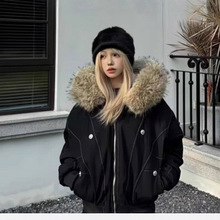 美式国潮座山雕复古外套大毛领冬季加厚克服设计棉服连帽棉衣女装