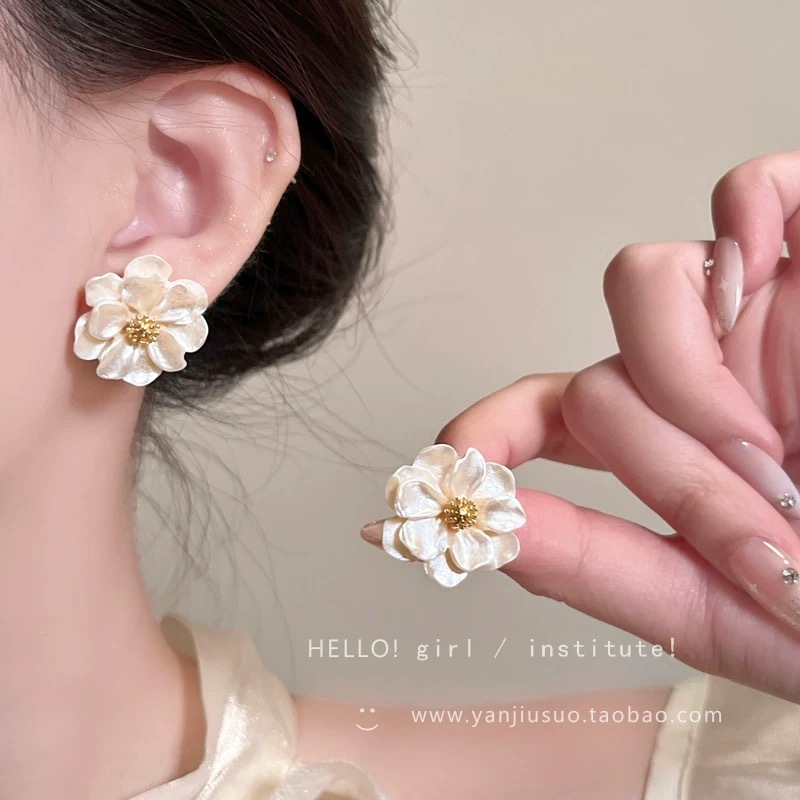 24 # Beige aurora camellia stud earrings
